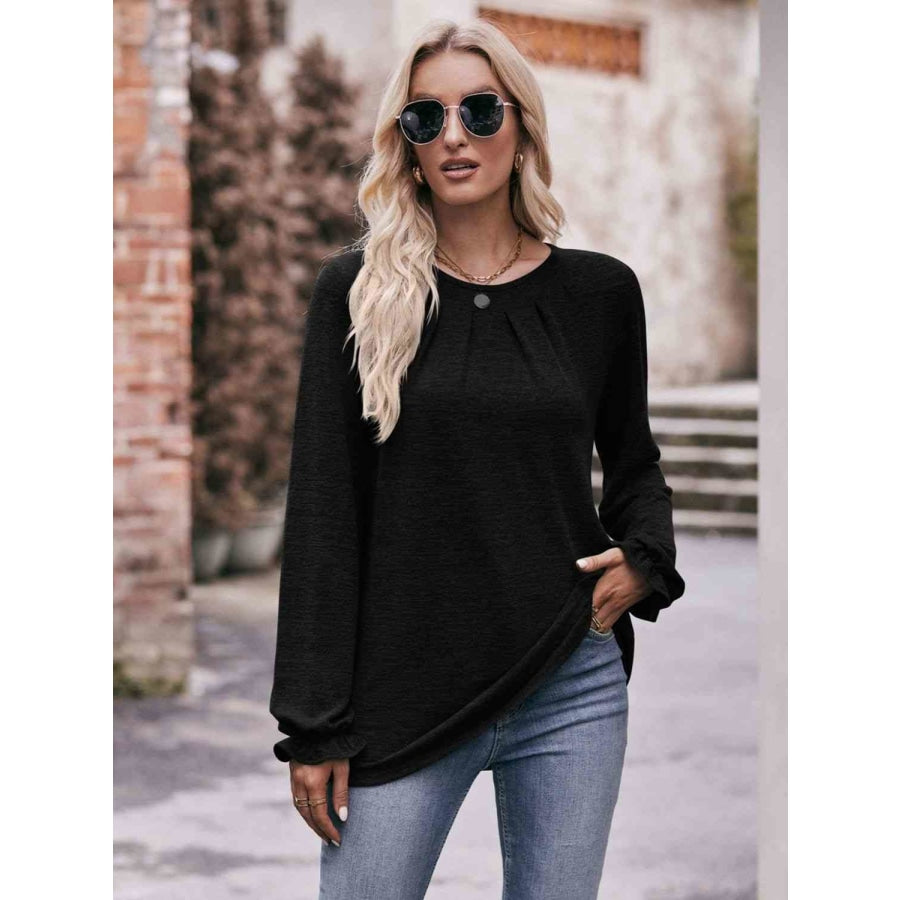 Double Take Long Flounce Sleeve Round Neck Blouse Black / S Shirts &amp; Tops
