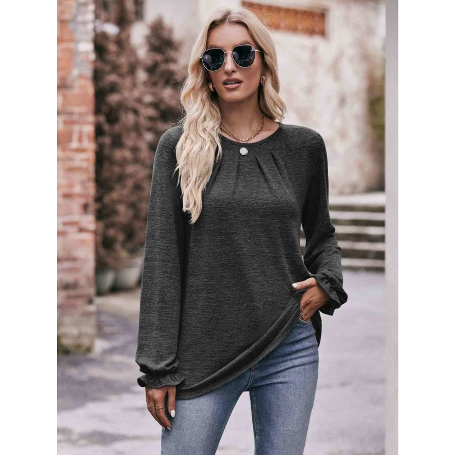 Double Take Long Flounce Sleeve Round Neck Blouse Charcoal / S Shirts &amp; Tops