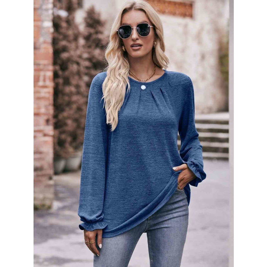 Double Take Long Flounce Sleeve Round Neck Blouse Cobalt Blue / S Shirts &amp; Tops