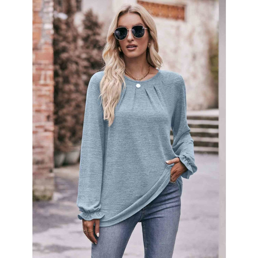 Double Take Long Flounce Sleeve Round Neck Blouse Pastel Blue / S Shirts &amp; Tops