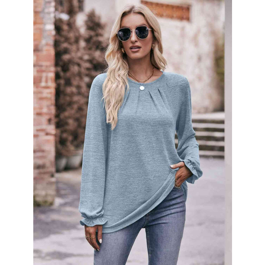 Double Take Long Flounce Sleeve Round Neck Blouse Pastel Blue / S Shirts & Tops