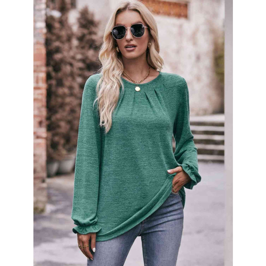 Double Take Long Flounce Sleeve Round Neck Blouse Shirts & Tops