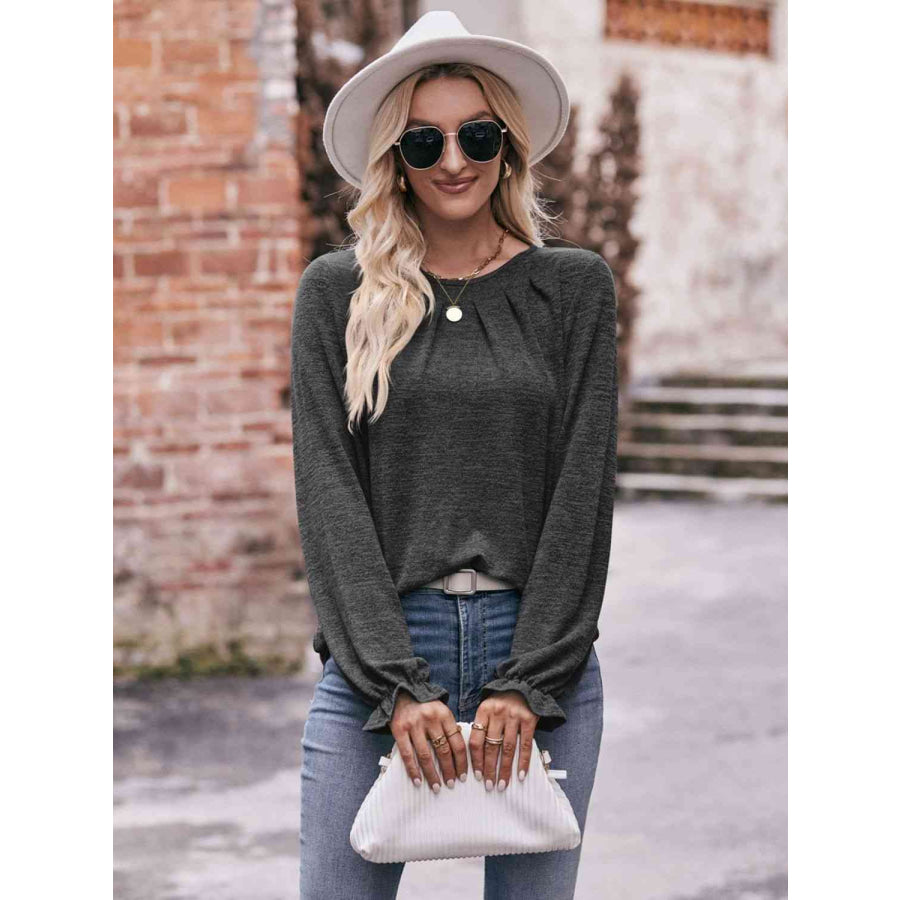 Double Take Long Flounce Sleeve Round Neck Blouse Shirts & Tops