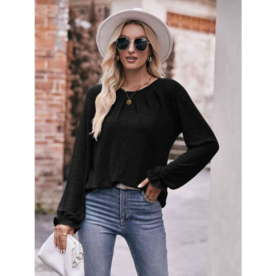 Double Take Long Flounce Sleeve Round Neck Blouse Shirts & Tops