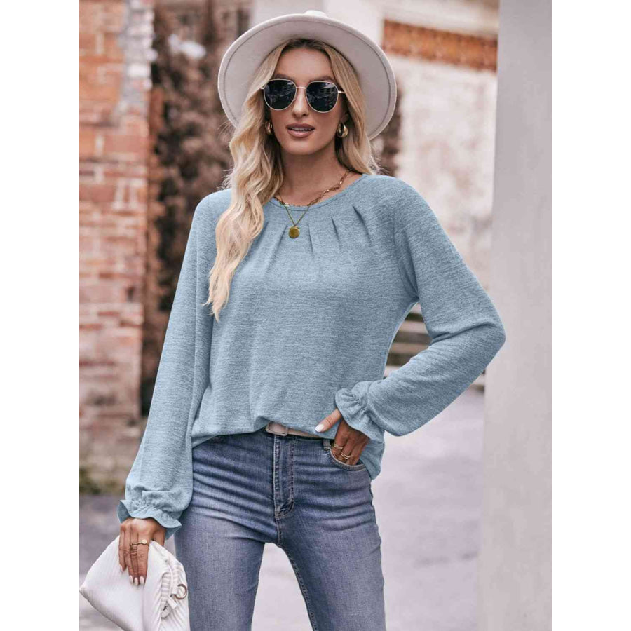 Double Take Long Flounce Sleeve Round Neck Blouse Shirts & Tops