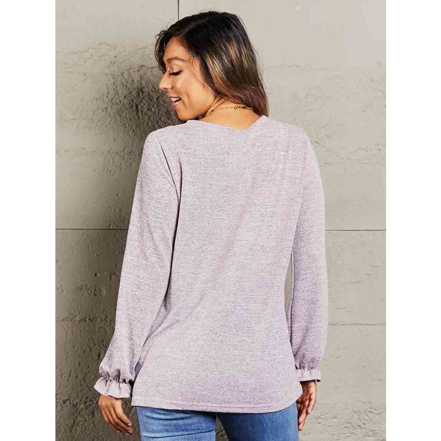 Double Take Long Flounce Sleeve Round Neck Blouse Lilac / S Shirts & Tops