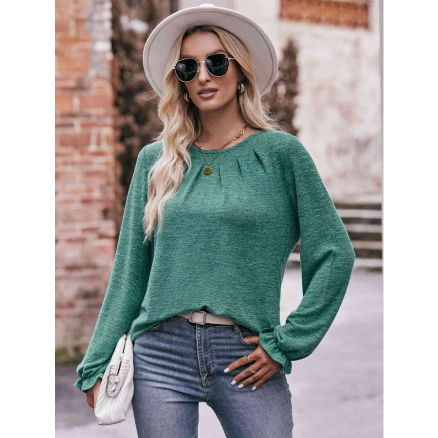 Double Take Long Flounce Sleeve Round Neck Blouse Shirts & Tops