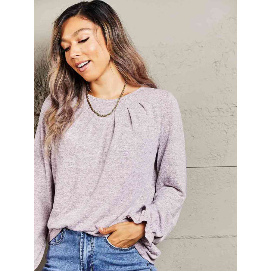 Double Take Long Flounce Sleeve Round Neck Blouse Shirts & Tops