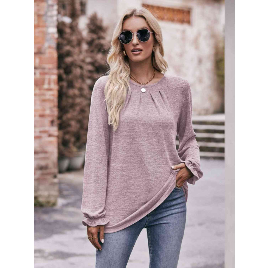 Double Take Long Flounce Sleeve Round Neck Blouse Shirts & Tops