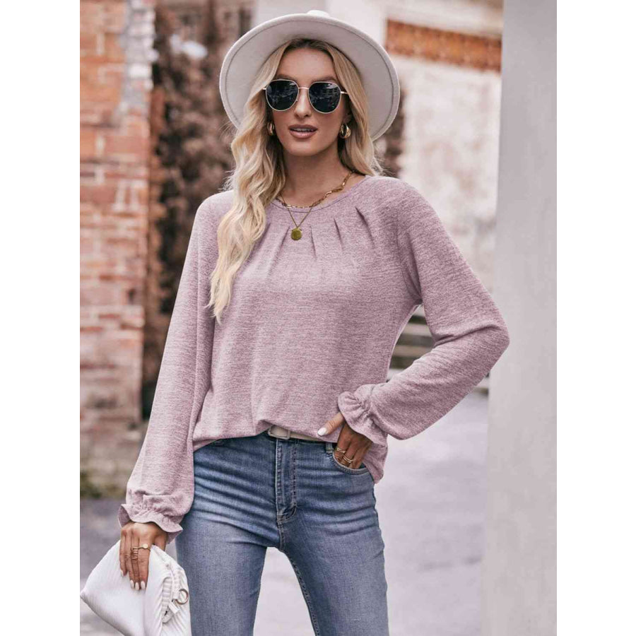 Double Take Long Flounce Sleeve Round Neck Blouse Shirts & Tops