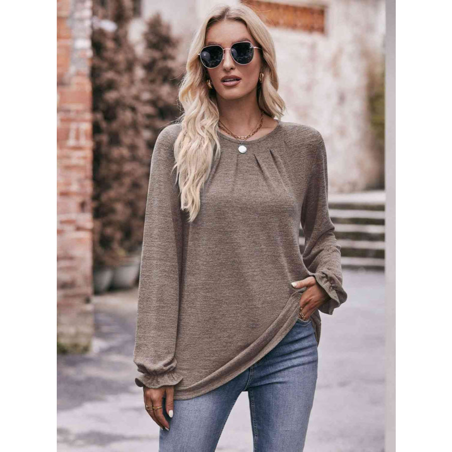 Double Take Long Flounce Sleeve Round Neck Blouse Shirts & Tops
