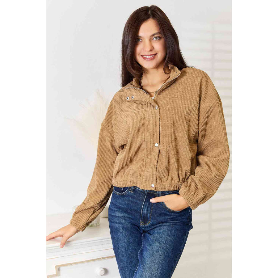 Double Take Long Sleeve Dropped Shoulder Jacket Camel / S