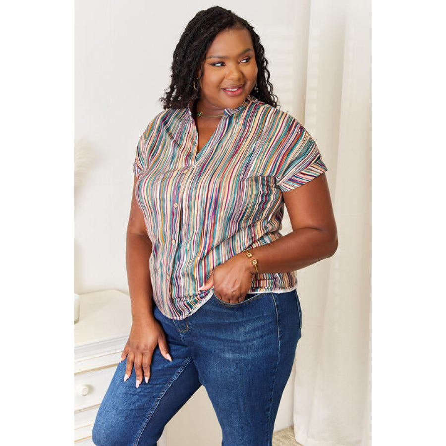 Double Take Multicolored Stripe Notched Neck Top Apparel and Accessories
