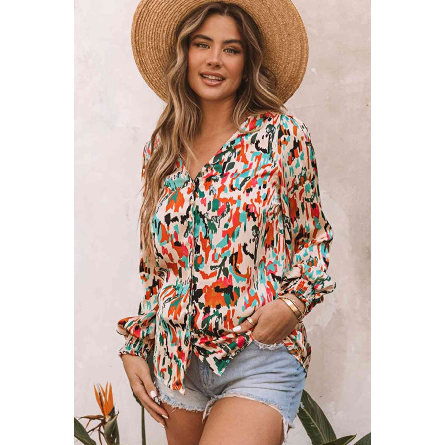 Double Take Multicolored V-Neck Lantern Sleeve Shirt Multicolor / S Shirts & Tops