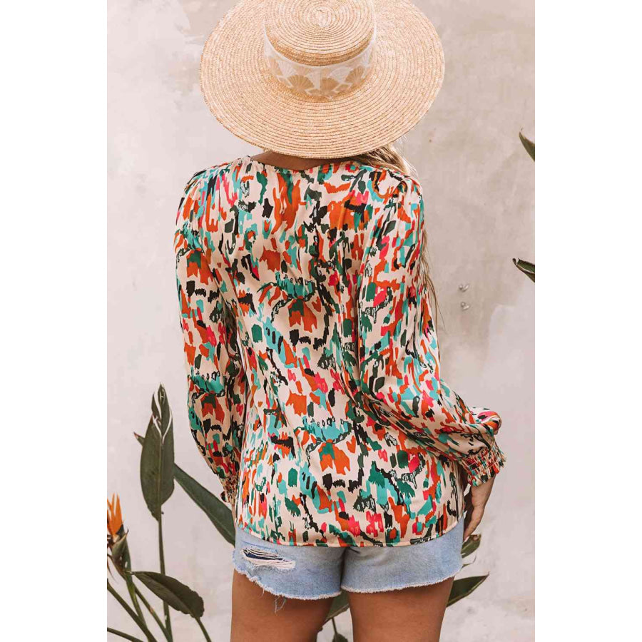 Double Take Multicolored V-Neck Lantern Sleeve Shirt Shirts & Tops