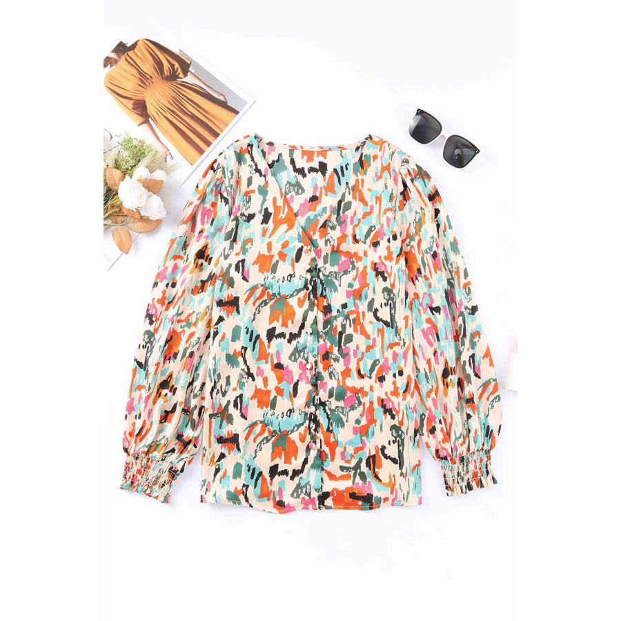 Double Take Multicolored V-Neck Lantern Sleeve Shirt Shirts & Tops