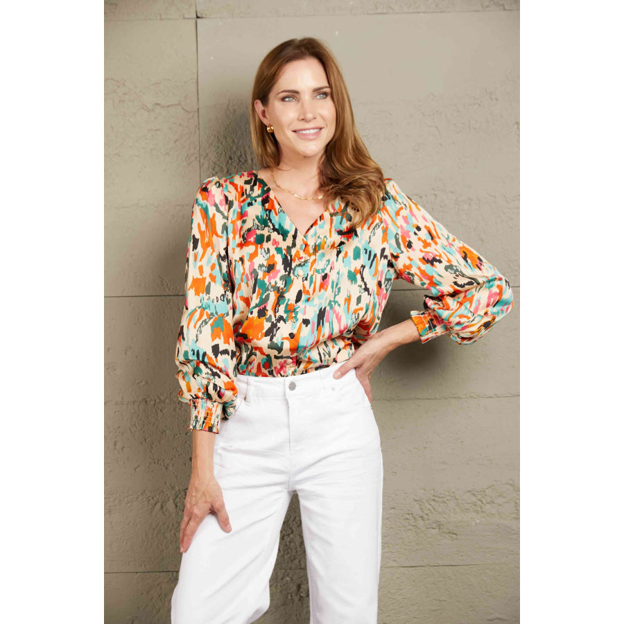 Double Take Multicolored V-Neck Lantern Sleeve Shirt Shirts & Tops
