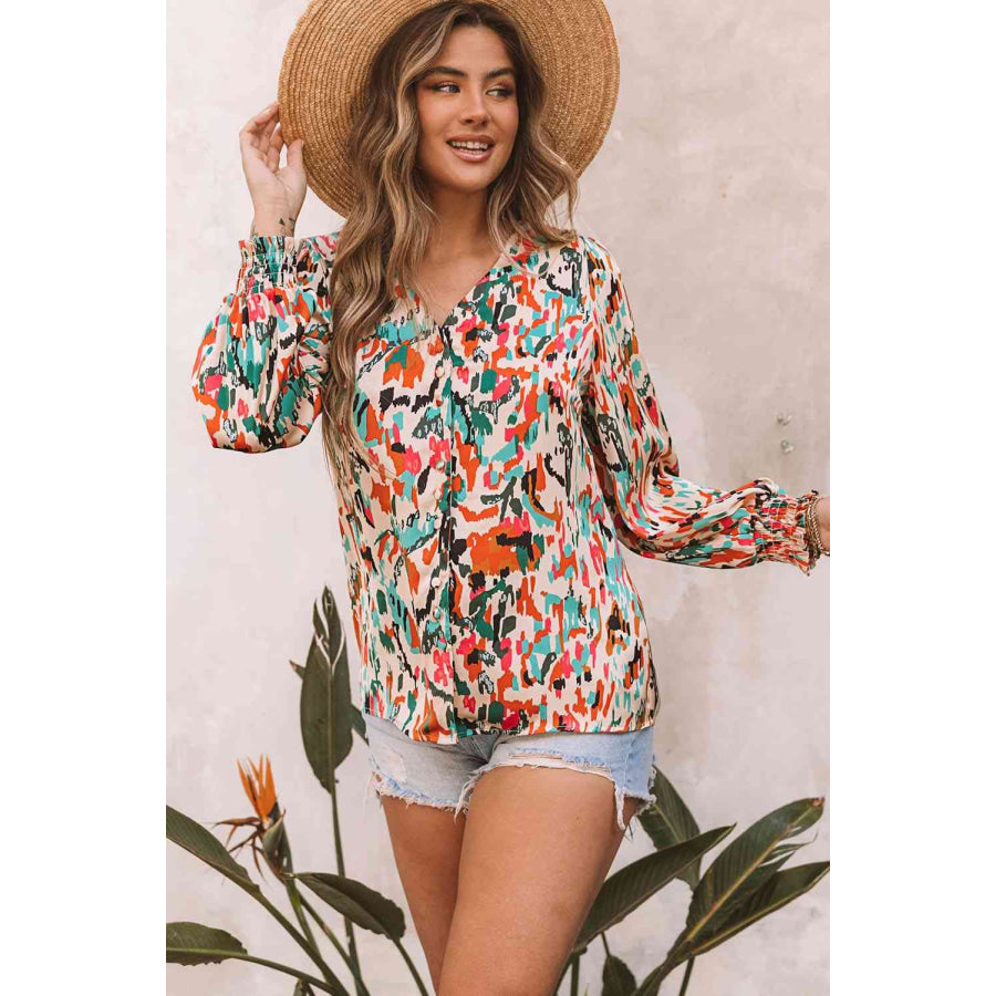 Double Take Multicolored V-Neck Lantern Sleeve Shirt Shirts & Tops