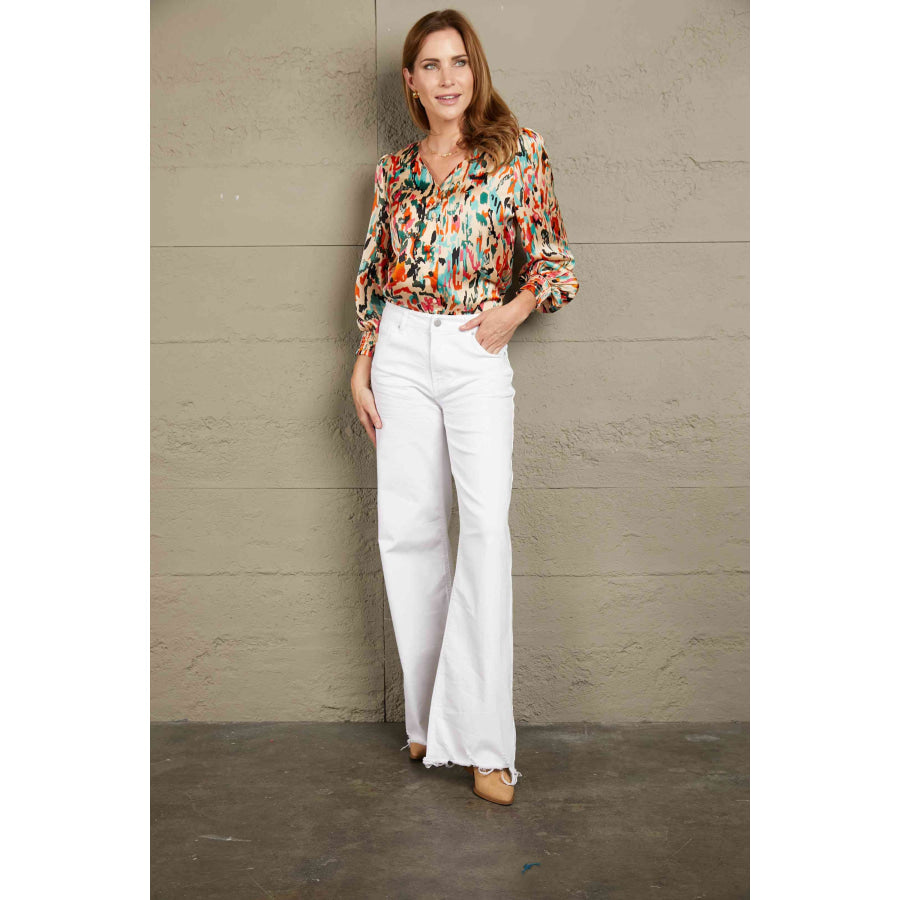 Double Take Multicolored V-Neck Lantern Sleeve Shirt Shirts & Tops