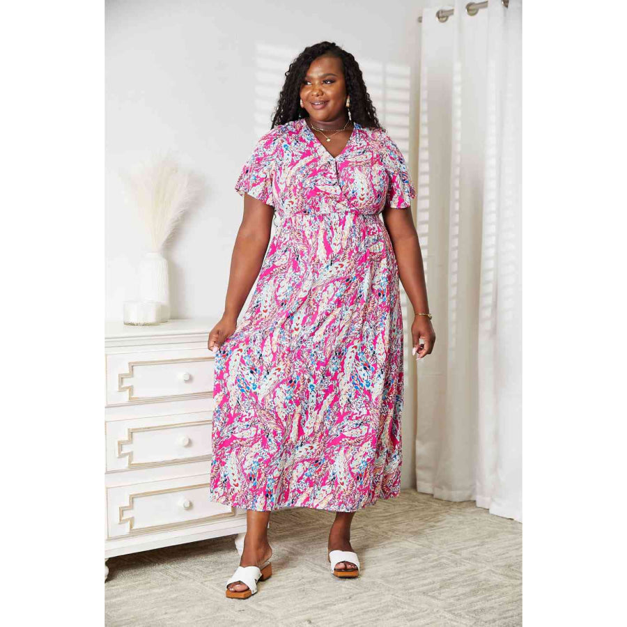 Double Take Multicolored V-Neck Maxi Dress Hot Pink / S Apparel and Accessories