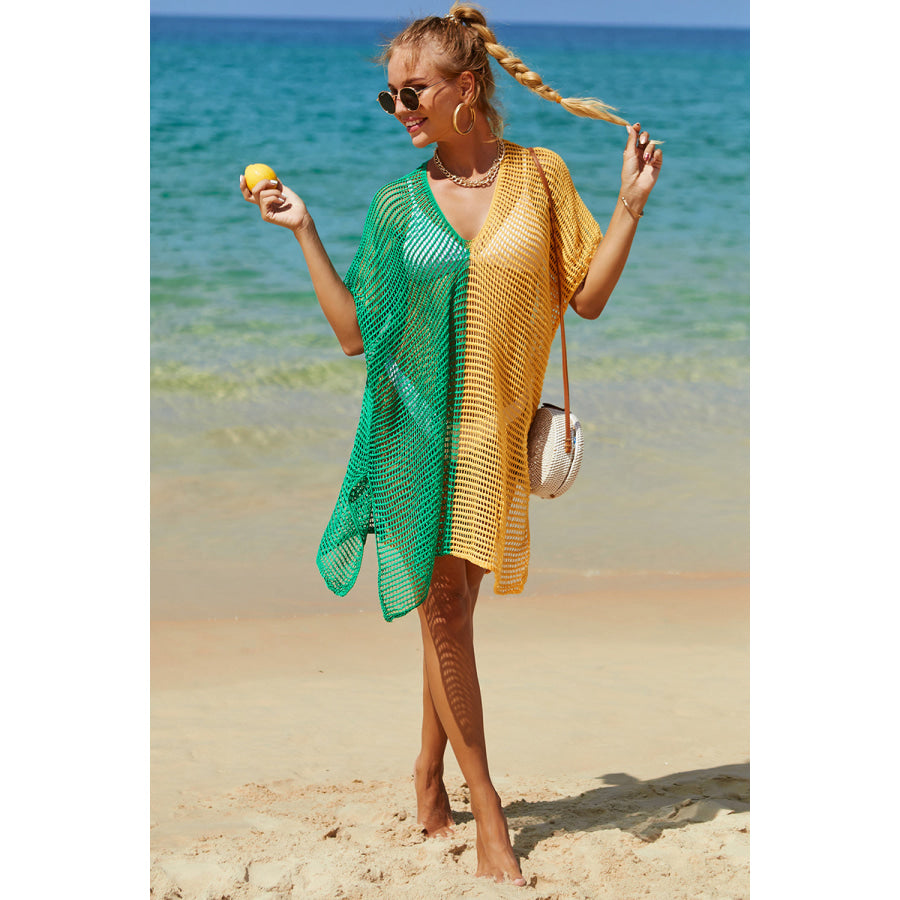 Double Take Openwork Contrast Slit Knit Cover Up Apparel and Accessories