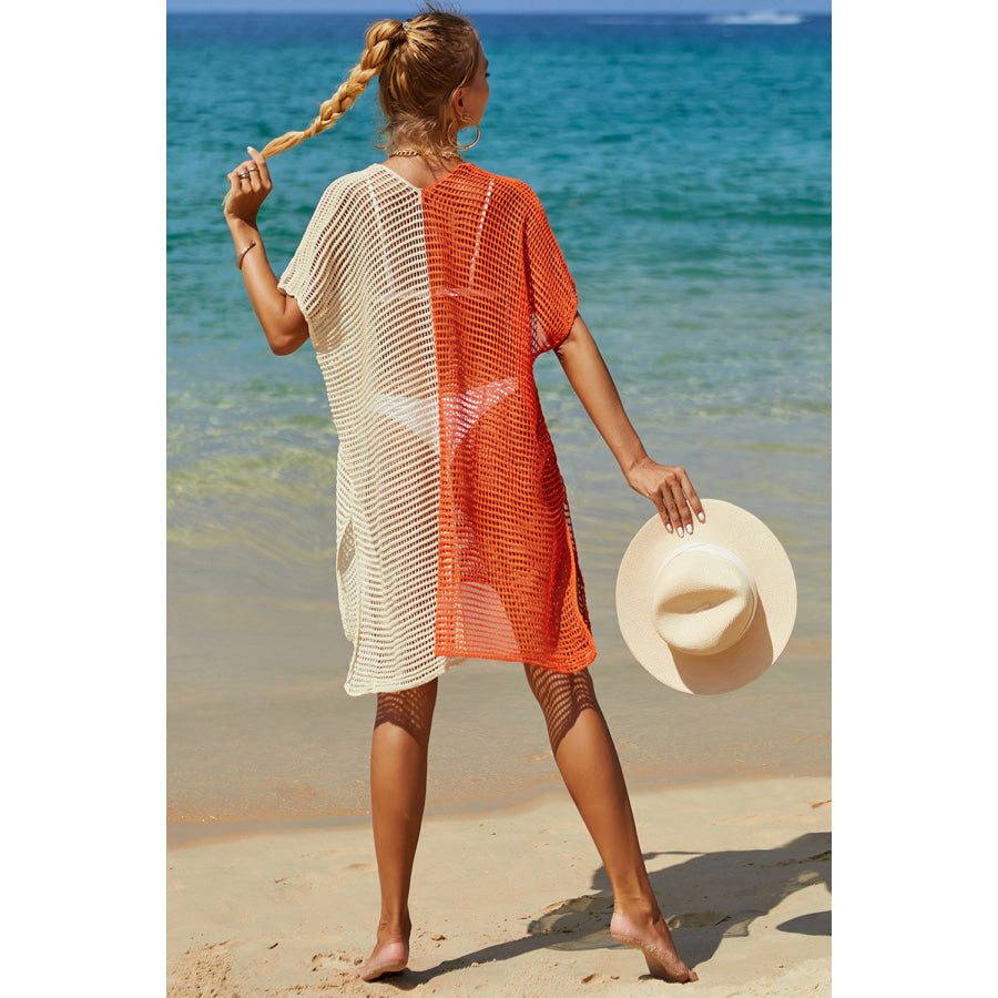 Double Take Openwork Contrast Slit Knit Cover Up Apparel and Accessories