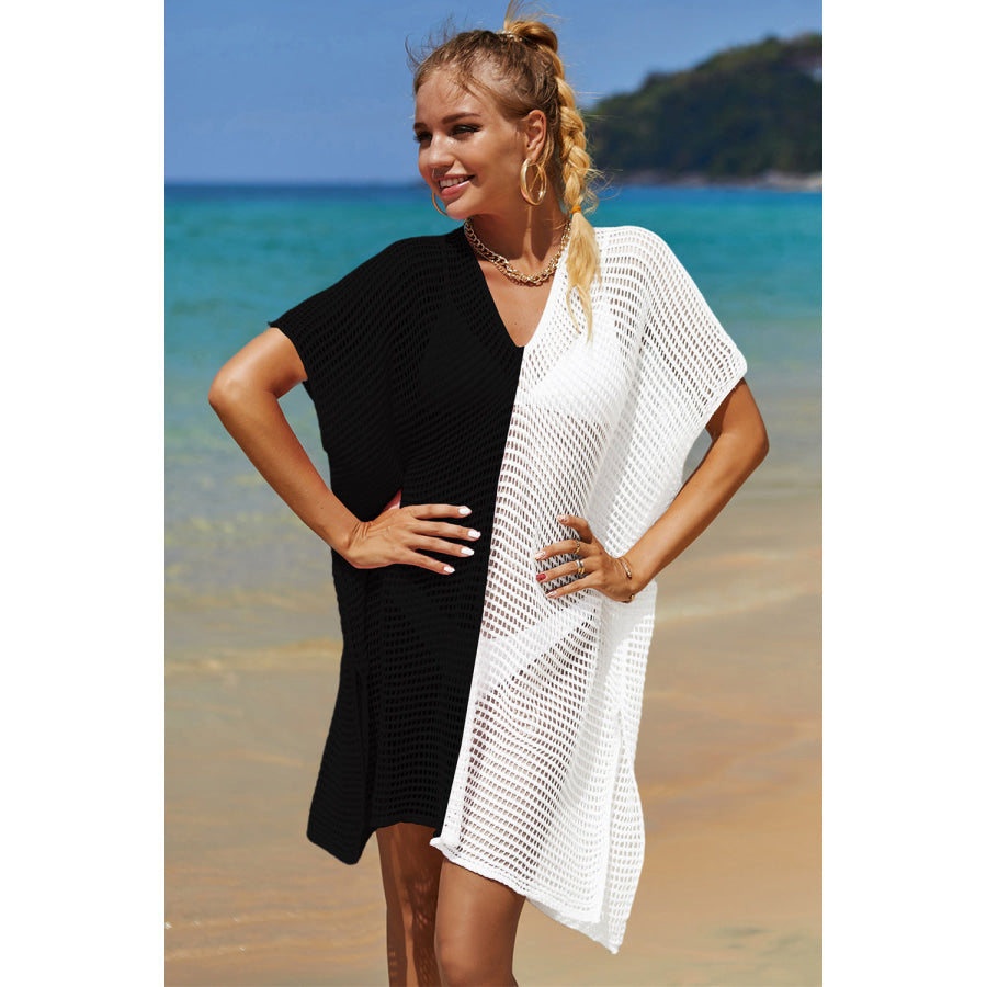 Double Take Openwork Contrast Slit Knit Cover Up Apparel and Accessories