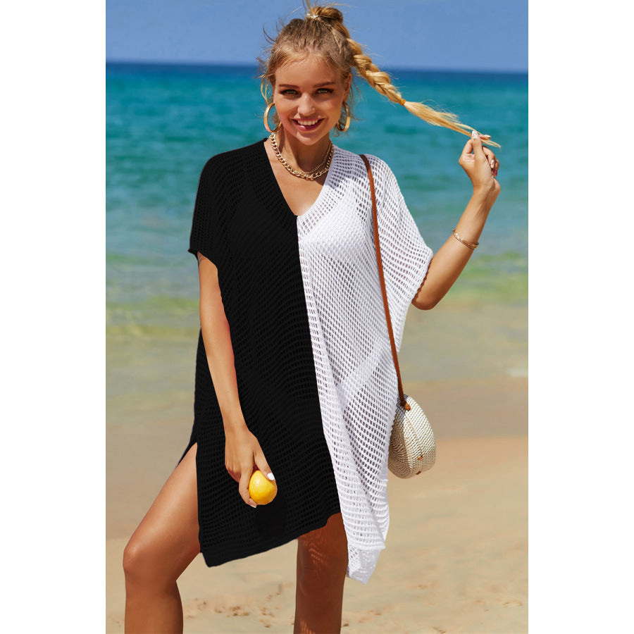 Double Take Openwork Contrast Slit Knit Cover Up Apparel and Accessories