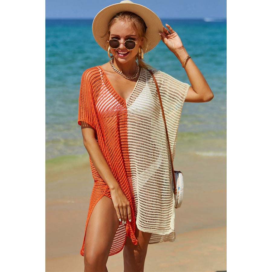 Double Take Openwork Contrast Slit Knit Cover Up Apparel and Accessories
