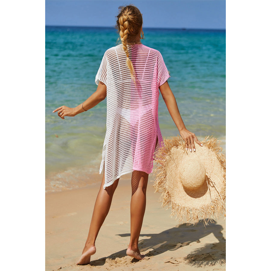 Double Take Openwork Contrast Slit Knit Cover Up Apparel and Accessories