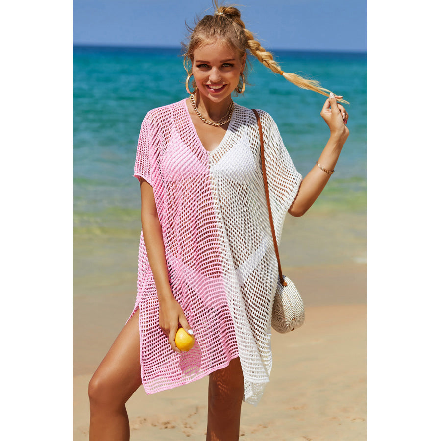 Double Take Openwork Contrast Slit Knit Cover Up Apparel and Accessories