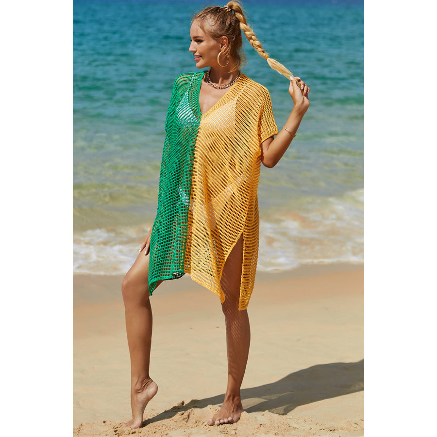 Double Take Openwork Contrast Slit Knit Cover Up Apparel and Accessories