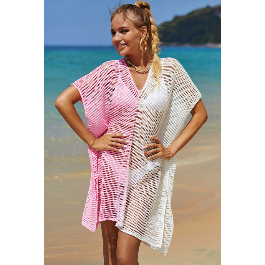 Double Take Openwork Contrast Slit Knit Cover Up Apparel and Accessories