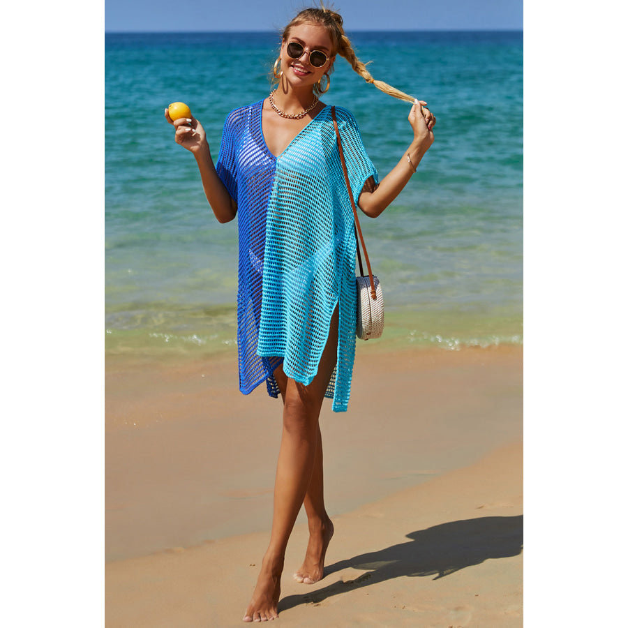 Double Take Openwork Contrast Slit Knit Cover Up Apparel and Accessories