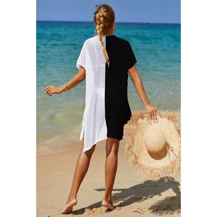 Double Take Openwork Contrast Slit Knit Cover Up Apparel and Accessories