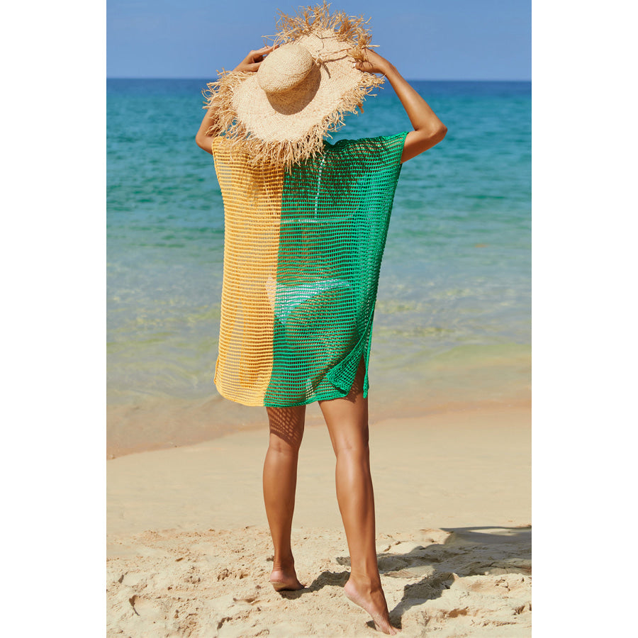 Double Take Openwork Contrast Slit Knit Cover Up Apparel and Accessories