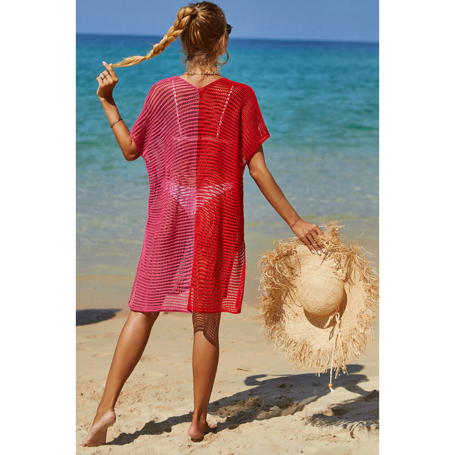 Double Take Openwork Contrast Slit Knit Cover Up Apparel and Accessories