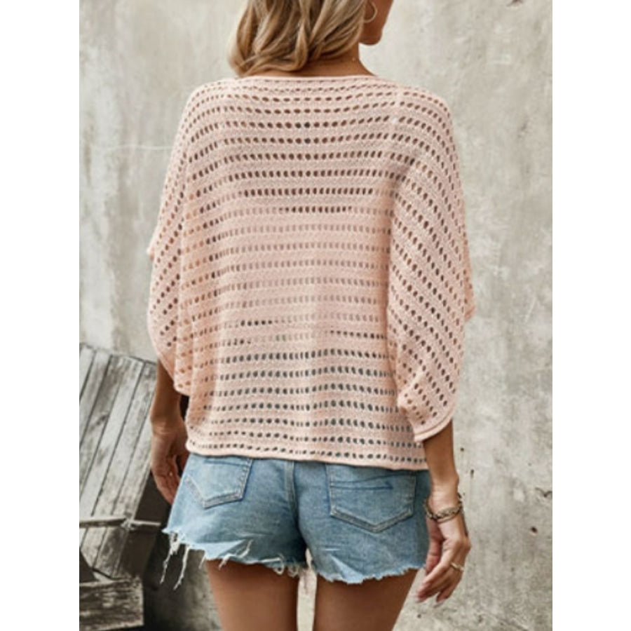 Double Take Openwork Half Sleeve Knit Cover Up Apparel and Accessories