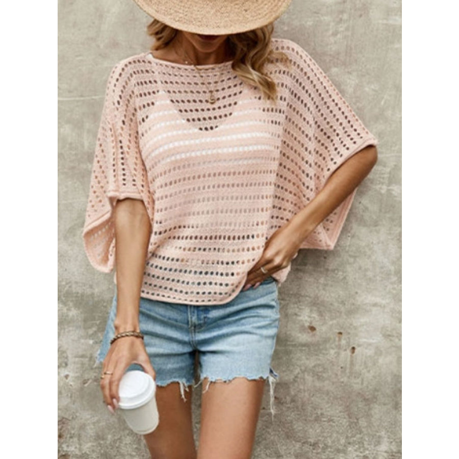 Double Take Openwork Half Sleeve Knit Cover Up Apparel and Accessories