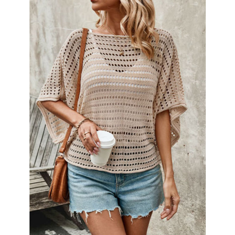 Double Take Openwork Half Sleeve Knit Cover Up Camel / S Apparel and Accessories