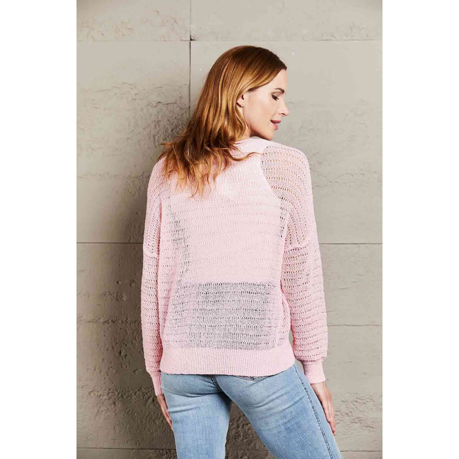 Double Take Openwork Round Neck Dropped Shoulder Knit Top Shirts & Tops