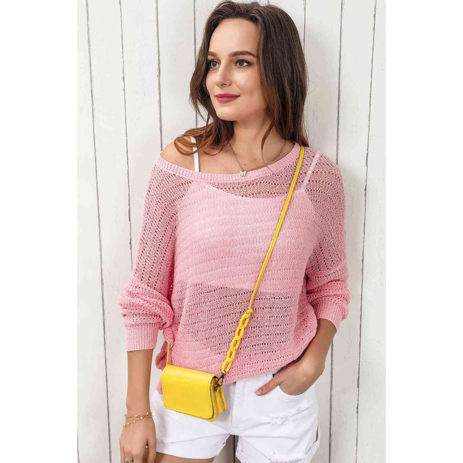 Double Take Openwork Round Neck Dropped Shoulder Knit Top Shirts & Tops