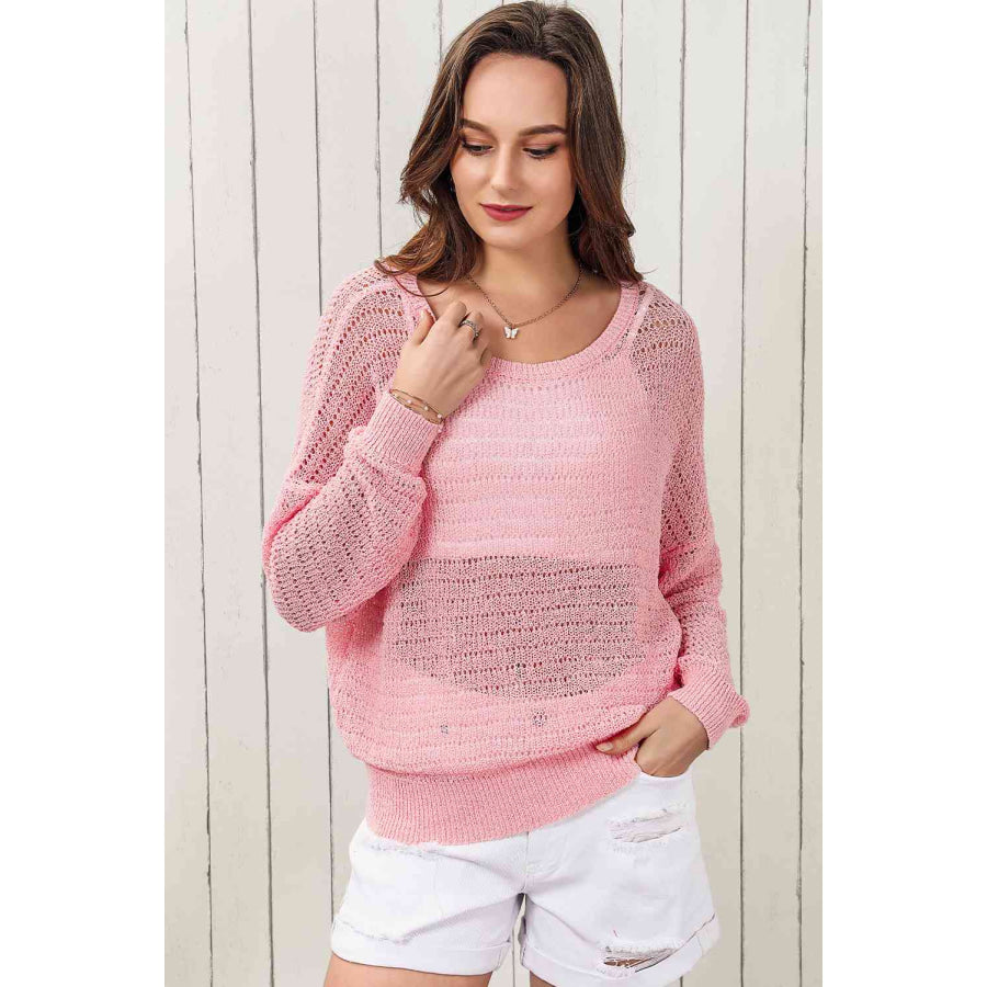 Double Take Openwork Round Neck Dropped Shoulder Knit Top Shirts & Tops