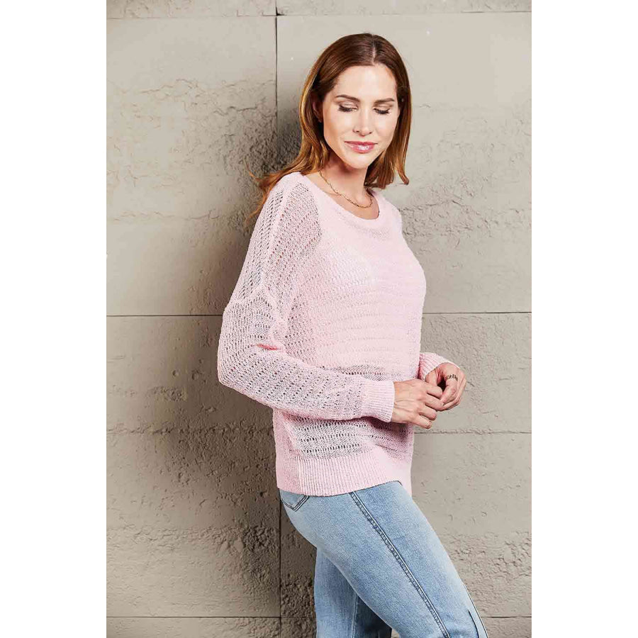 Double Take Openwork Round Neck Dropped Shoulder Knit Top Shirts & Tops