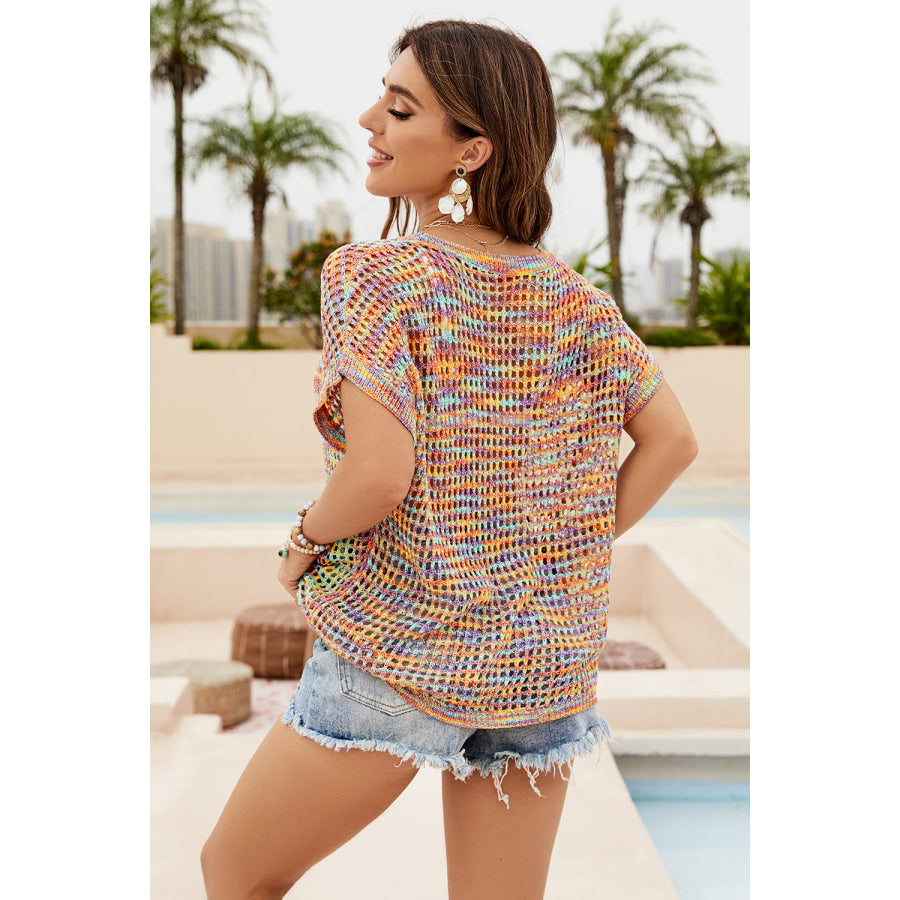 Double Take Openwork Round Neck Short Sleeve Knit Cover Up Apparel and Accessories