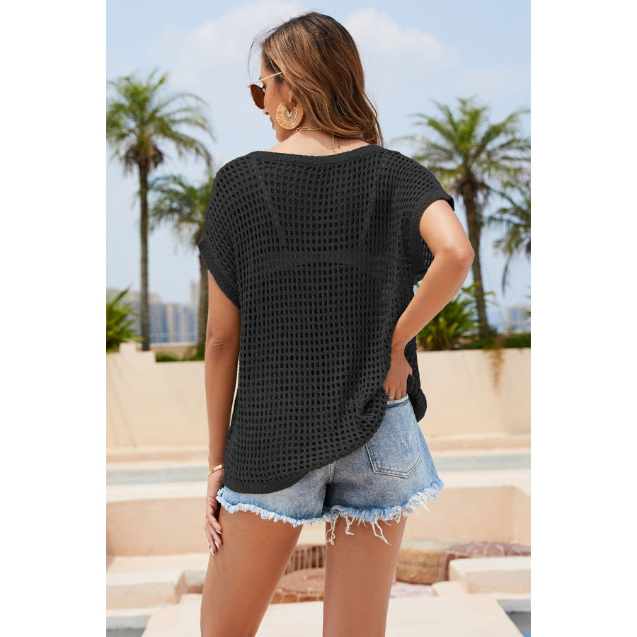Double Take Openwork Round Neck Short Sleeve Knit Cover Up Apparel and Accessories
