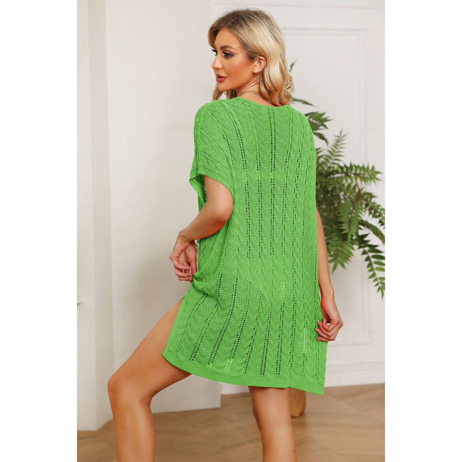 Double Take Openwork Short Sleeve Slit Knit Cover Up Apparel and Accessories