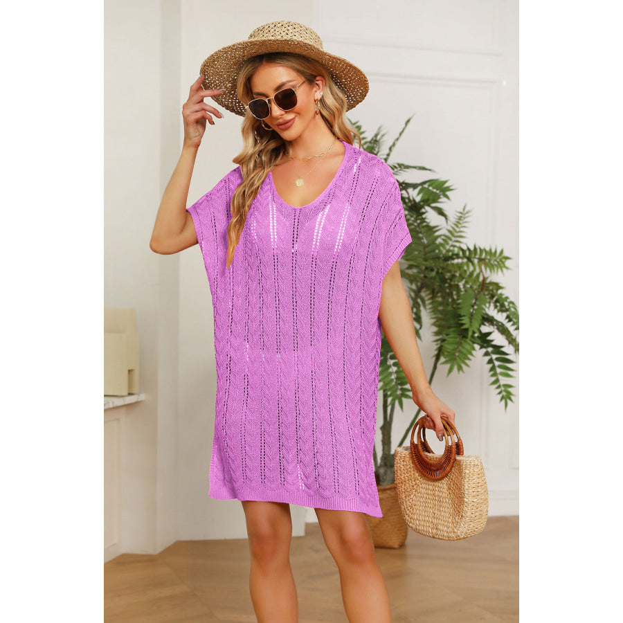 Double Take Openwork Short Sleeve Slit Knit Cover Up Fuchsia Pink / One Size Apparel and Accessories