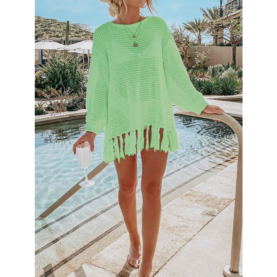 Double Take Openwork Tassel Hem Long Sleeve Knit Cover Up Apparel and Accessories