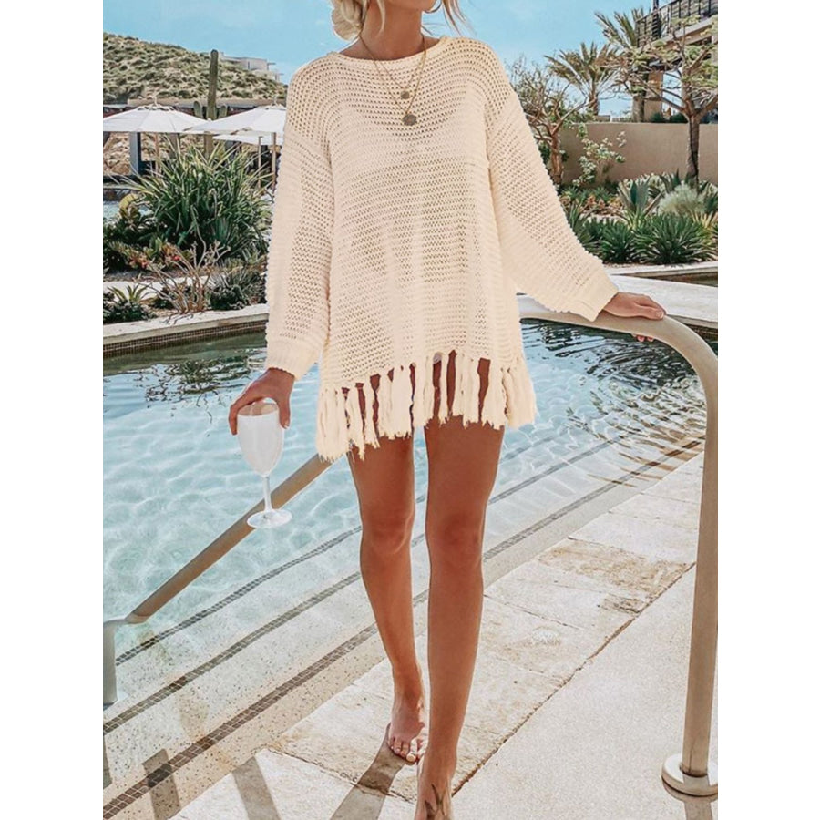 Double Take Openwork Tassel Hem Long Sleeve Knit Cover Up Apparel and Accessories